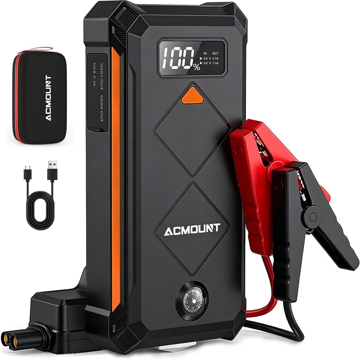 Бустерний пускач Acmount P110 7000A Powerbank для авто (12л бензин/10л дизель) з LED-ліхтарем, компасом та молотком для PKW, SUV, мотоциклів, газонокосарок, помаранчевий
