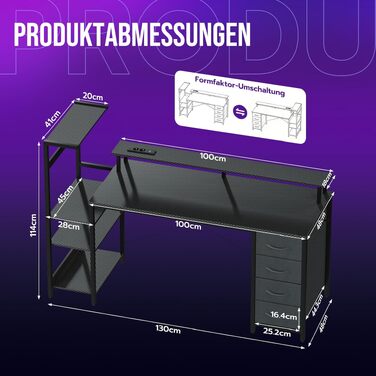 Ігровий стіл YOUDENOVA 150x50 см з LED-підсвіткою, розеткою та шухлядами, стільниця з вуглецевого волокна (карбон), чорний