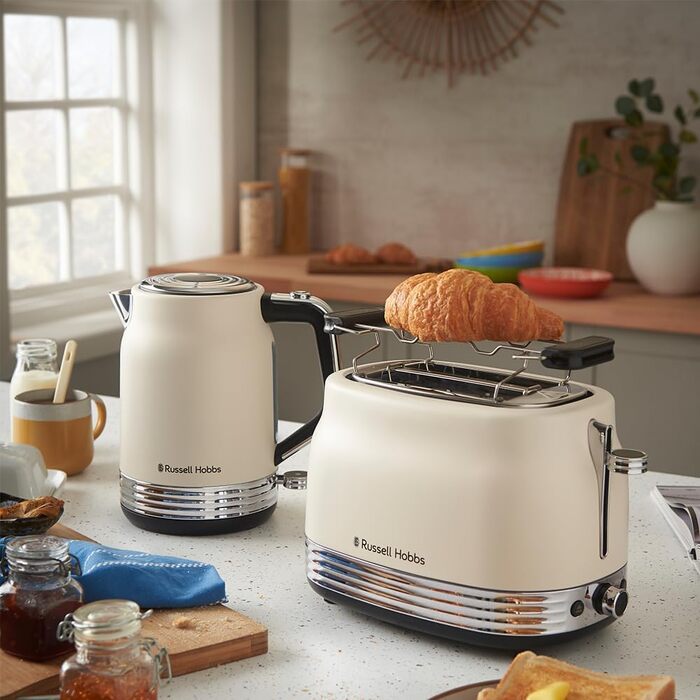 Тостер Russell Hobbs Hanley Crème-Weiß на 2 тости, 6 режимів, розморожування, підігрів, підставка для булочок