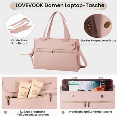 Жіноча сумка для ноутбука LOVEVOOK 15.6 дюймів, елегантна ділова сумка-шопер з PU-шкіри для роботи, офісу та навчання, рожева
