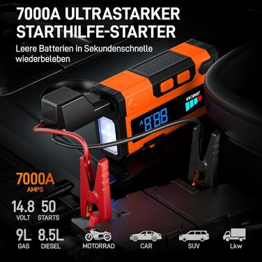 Powerbank для авто Starthilfe 7000A-JDMCAR: пускова станція, LCD екран, LED ліхтарик