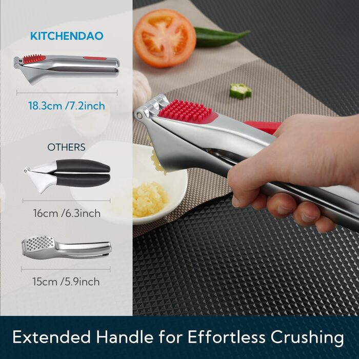 Преміум прес для часнику KITCHENDAO з інтегрованим скребком та контейнером для очищення, цинковий сплав, срібний