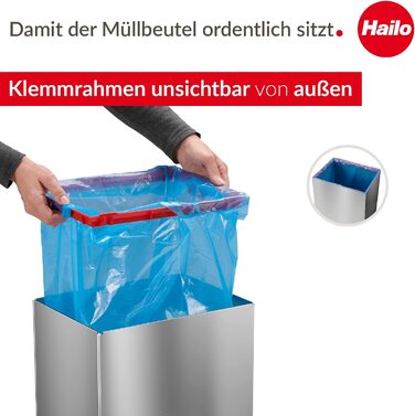 Смітник Hailo Big-Box Swing XL 52 л з автозакриванням, прямокутний, з нержавіючої сталі, для кухні, з тримачем для пакета, виробництво Німеччина