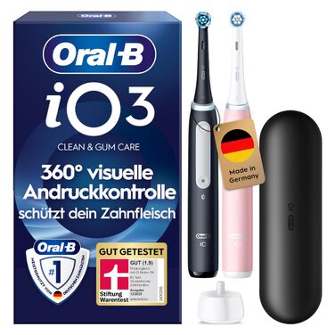 Електрична зубна щітка Oral-B iO Series 3, набір з 2 шт (Чорний та Рожевий), 2 додаткові насадки та футляр