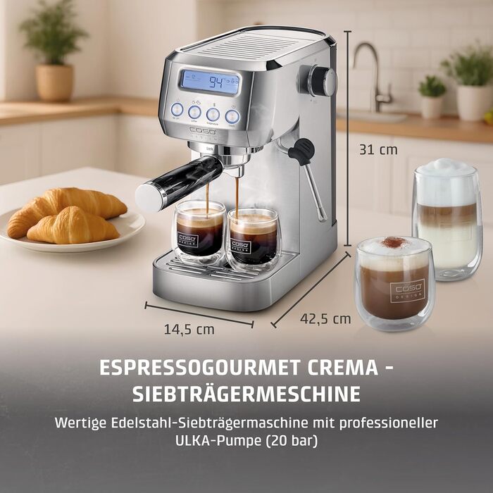 Кавомашина еспресо CASO EspressoGourmet Crema: професійна кавоварка з піною для молока, нержавіюча сталь, 20 бар, ULKA-помпа, для кави в зернах та ESE-падів