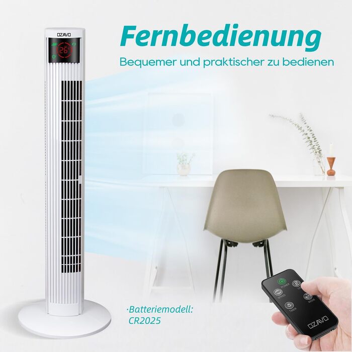 Вентилятор вежовий Turmventilator з пультом, LED-дисплеєм та таймером – 3 режими, 70° осциляція, 50 Вт, 97.5 см (білий)