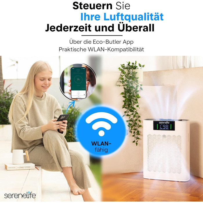 Повітряний фільтр SereneLife з HEPA-фільтром – керування через додаток, 20dB тихий, для приміщень до 100м², проти диму, пилу, запахів та шерсті тварин, білий