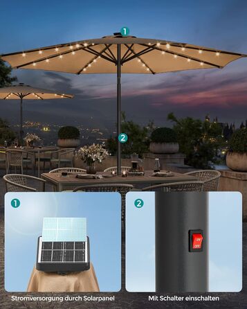 Парасоля SONGMICS 300 см з LED-сонячним підсвічуванням, 32 LED-лампочки, захист від UV UPF 50+, двосторонній нахил 30°, для саду, тераси, басейну, балкона, без підставки, кольору таупе