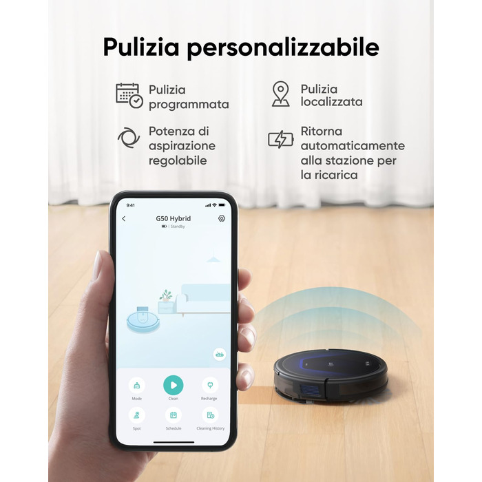 Робот-пилосос eufy G50 з потужністю 4000Pa, динамічною навігацією та ультратонким корпусом 85 мм. Ідеально підходить для прибирання шерсті тварин та твердих підлог. Відновлений.