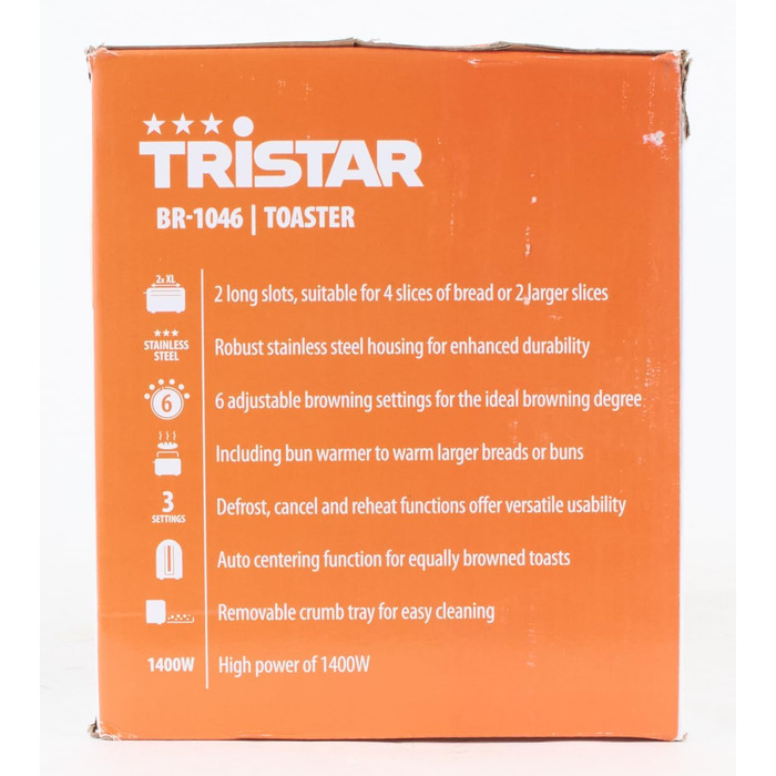 Тостер Tristar з нержавіючої сталі, 4 тости, 6 режимів підсмажування, насадка для булочок, довгі отвори, знімний піддон для крихт, функції скасування, розморожування та підігріву, модель BR-1046