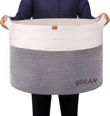 Великий кошик GOCAN XXXL з бавовняного канату 55х35 см, світло-сірий, плетений кошик для зберігання речей, іграшок, пледів, рослин, подушок, з ручками, для вітальні та дитячої