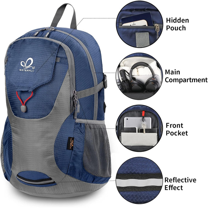 Складаний рюкзак WATERFLY 30L для походів, водонепроникний, ультралегкий, з відділенням для вологих речей, для чоловіків і жінок, темно-синій, для туризму, подорожей та прогулянок