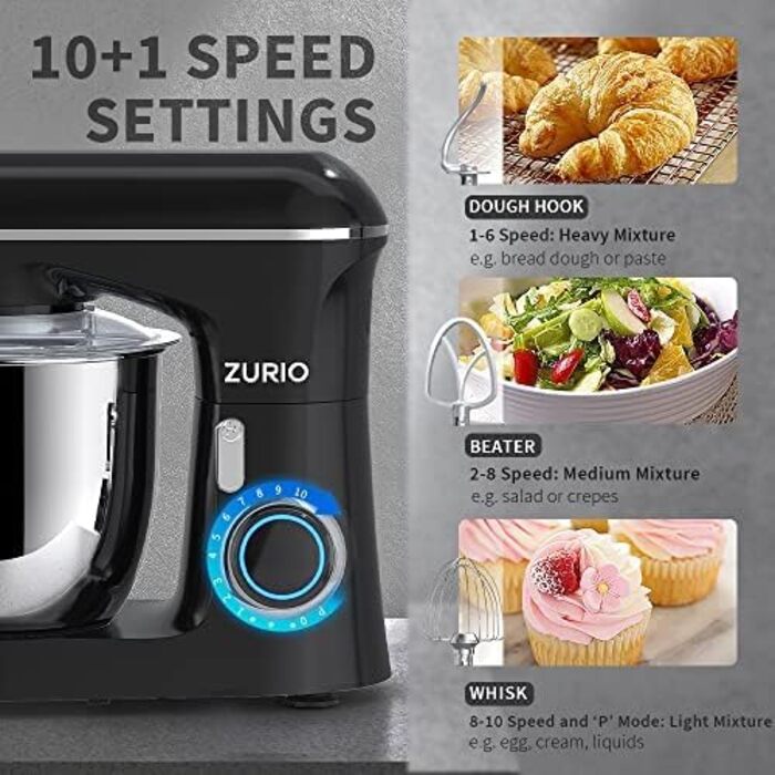 Кухонна машина Zurio 5.5L: потужний міксер-планетарний з 10 швидкостями, 1300W, з набором аксесуарів (крюк для тіста, вінчик)