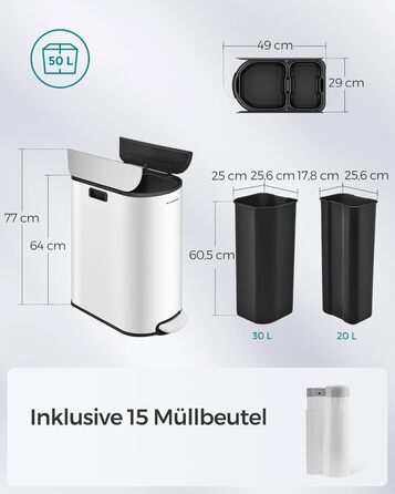 Сортувальний смітник для кухні SONGMICS 30+20 л, металевий, 2 відсіки, педальний, для переробки та відходів, з роздільною кришкою, сріблястий LTB570E50