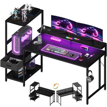 Ігровий стіл JUMMICO 140x60 см з розеткою, LED-підсвіткою та вуглецевим покриттям, обертовий комп'ютерний стіл з підставкою під монітор, шухлядами та підставкою для навушників, чорний