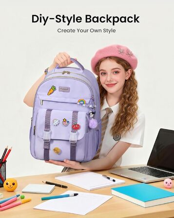 Жіночий рюкзак LOVEVOOK для ноутбука 15.6 дюймів, шкільний рюкзак для дівчат та підлітків, бузковий