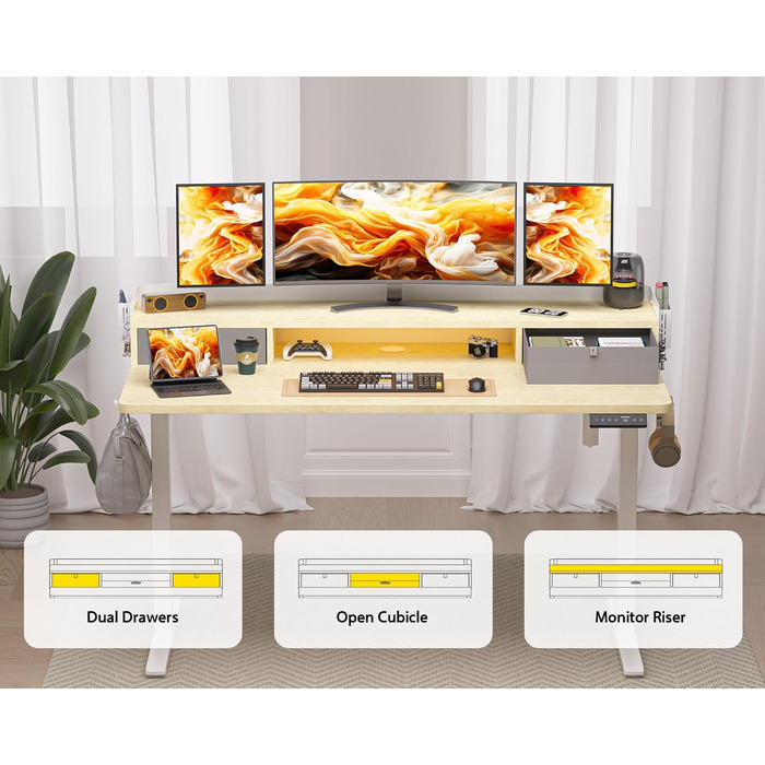 Електричний стіл-трансформер WALKINGDESK з дуба, 140x61 см, регульований письмовий стіл із 2 шухлядами для домашнього офісу, ергономічний стіл-сидячи-стоячи з полицею, тримачем для ручок та гачками
