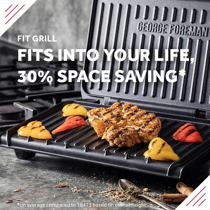 Гриль George Foreman 25810 Medium Fit — універсальна антипригарна електрогриль-плита для грилю, тостів, швидке нагрівання, чорний