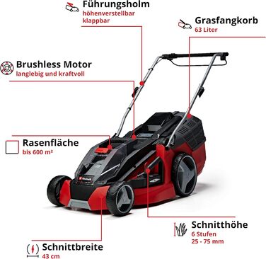 Акумуляторна газонокосарка Einhell GE-CM 43 Li M Kit Power X-Change 36В, безщіткова, ширина косіння 43 см, для газонів до 600 м², з мульчуванням, кошик 63 л, висота 25-75 мм, 2 акумулятори 4.0 А·год та 2 зарядні пристрої