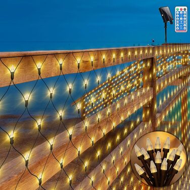 Сонячна сітка-ліхтарик 3x2 м 200 LED для вулиці, тепле біле світло, гірлянда на кущі з пультом, таймером, 8 режимів, для саду, Хелловіну, весілля