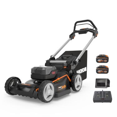 Акумуляторний газонокосарка WORX WG749E 40V PowerShare з радіоприводом, безщітковий двигун, ширина зрізу 46 см, 7 положень висоти зрізу, чорний (Modern), з акумулятором та зарядним пристроєм
