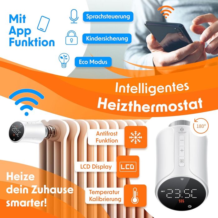 KESSER® WiFi термостат на радіатор опалення з керуванням через додаток Smart Home | Комплект з 6 вентилів для опалення, сумісний з Alexa та Google Assistant | Економія енергії та коштів, білий