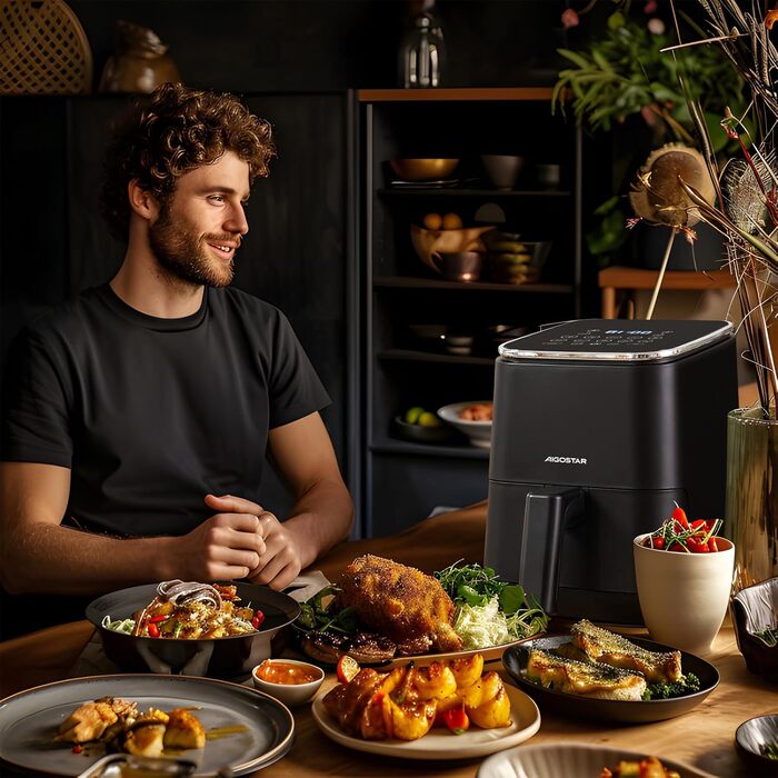 Аерофритюрниця Aigostar Dot 2Л: Airfryer з LED-сенсорним екраном, 8 програмами, 1200W, регулюванням температури та таймером, антипригарне покриття, BPA-free