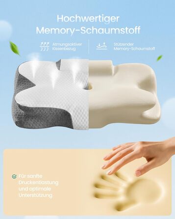 Ергономічна подушка SONGMICS з ефектом пам'яті (Memory Foam), регульована за висотою, для сну на боці, спині та животі, біло-сіра TBP051GZ02