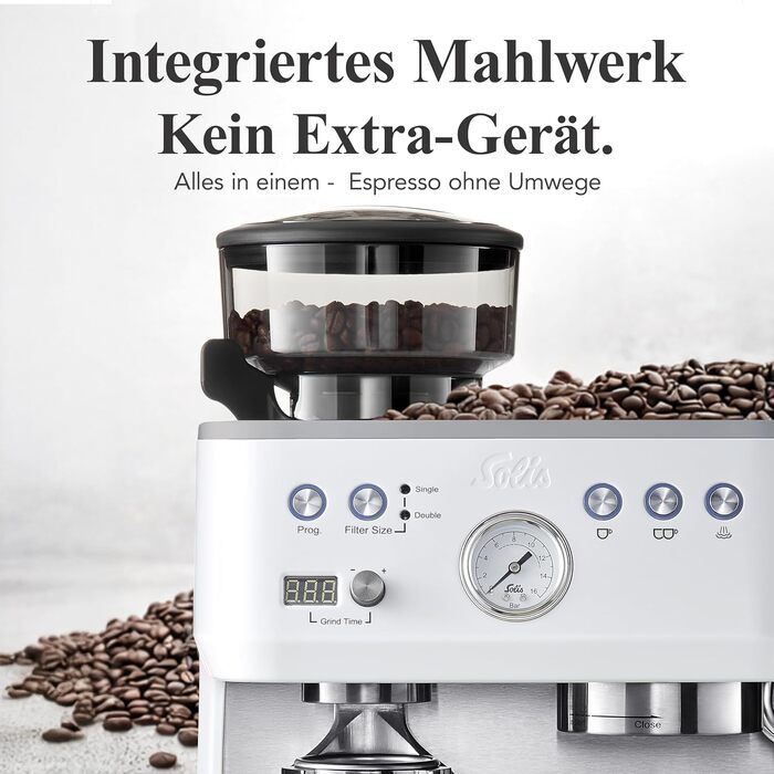 Кавомашина Solis Grind & Infuse Perfetta 1019 з вбудованою кавомолкою та функцією приготування еспресо, капучино та гарячої води - біла
