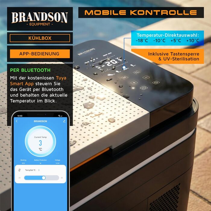 Автомобільний компресорний холодильник Brandson 30л з Bluetooth та Wi-Fi (Tuya Smart) - 230V/12V/24V, морозильна камера до -20°C, Еко-режим, чорний