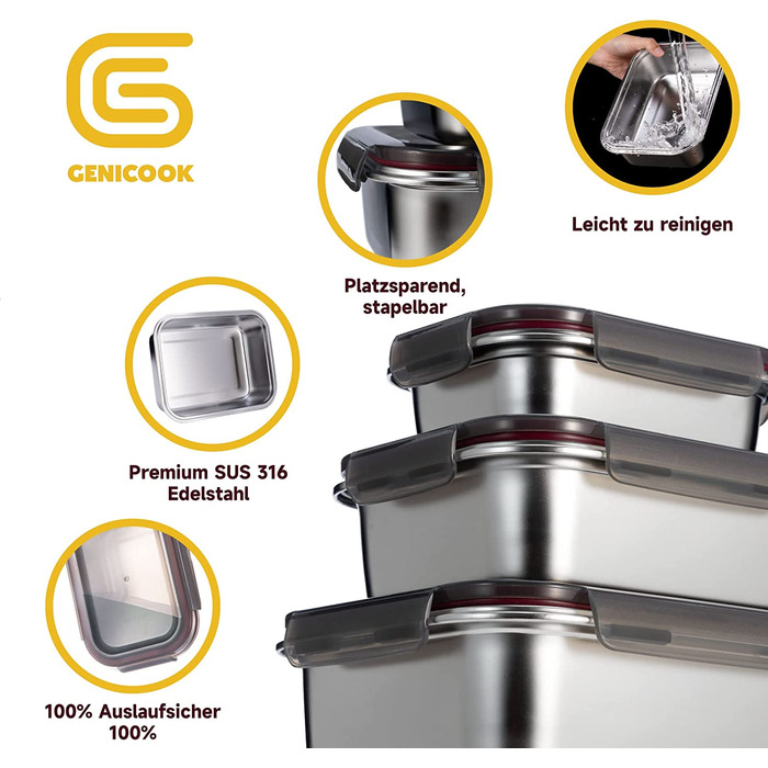 GENICOOK Контейнери для зберігання їжі з нержавіючої сталі, набір 3 шт, герметичні ланч-бокси для кухні та перекусів