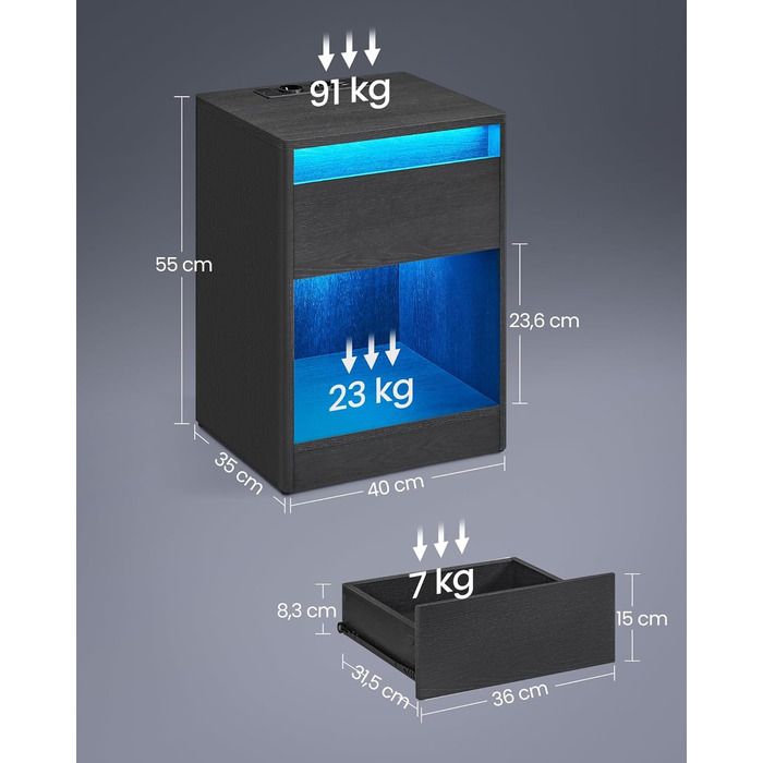 VASAGLE приліжковий столик з LED-підсвіткою, розетками та USB, сучасний, ящик, для спальні і вітальні, чорний