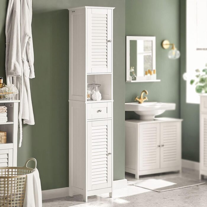 SoBuy FRG236-W Високий шафа для ванної кімнати, білий, 32x170x30 см, з відкритою полицею, шухлядою та дверцятами
