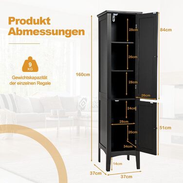 Високий шафа для ванної GOPLUS, білий, 2 двері, 5 відкритих полиць, 37x37x160 см, для ванної, вітальні та кухні