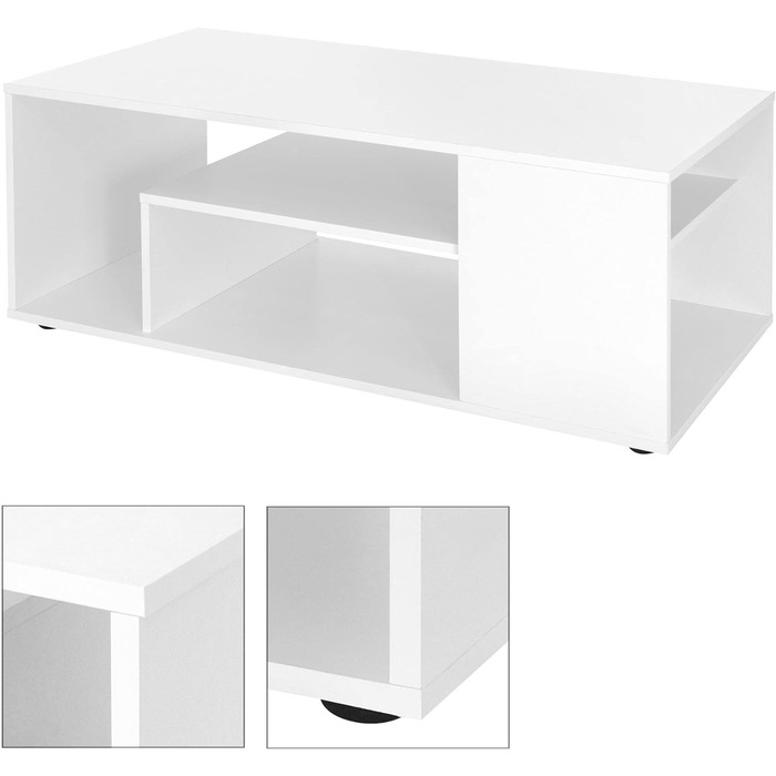 Стіл журнальний ML-Design білий глянець 100x42x60 см, з полицею зі скла та 4 бічними відділеннями, сучасний стіл для вітальні з місцем для зберігання, дерев'яний кофейний стіл
