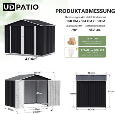Металевий садовий будиночок UDPATIO 4 м³ 228x121x181 см для вулиці: сарай для інструментів, гараж для велосипедів, оцинкована сталь, замикаючи двері, темно-сірий
