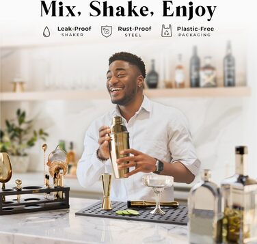 Набір для коктейлів BARE BARREL Mixology Barkeeper Set, 16 предметів, з коблер-шейкером 24oz та 35 картками рецептів, золотий/чорний