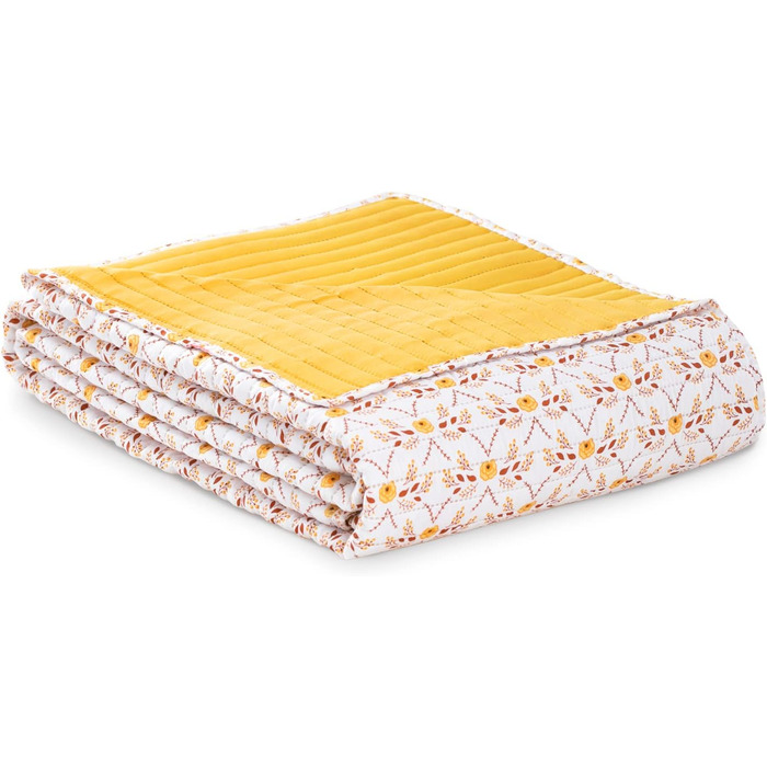 Покривало AmeliaHome Folky 240x260 см, двостороннє, легке у догляді, стьобане, з фольклорним рослинним візерунком, жовто-біло-оранжеве