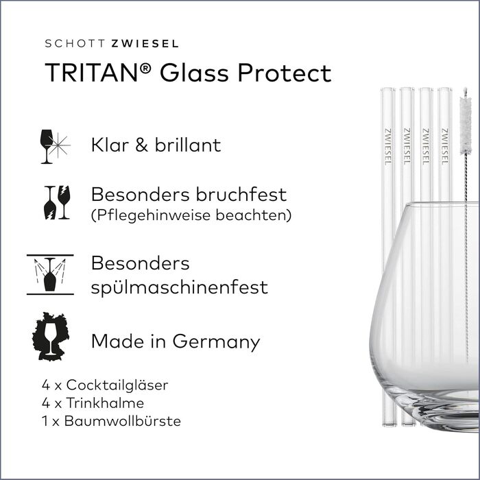 Набір коктейльних келихів SCHOTT ZWIESEL After Work Drinks: 4 склянки з Tritan-кришталю, 4 скляні трубочки та щітка для чищення, підходять для посудомийної машини, Німеччина