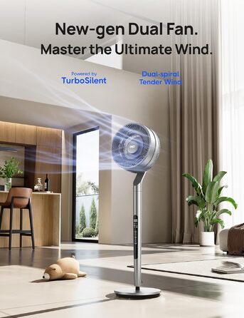 Dreo Smart вентилятор підлоговий з осциляцією 120°/85°, регульована висота 102-112 см, тихий DC вентилятор для спальні, потік повітря 30.5 м³/хв, 10 швидкостей