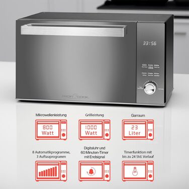 Мікрохвильова піч з грилем ProfiCook 23 л, 1000 Вт, без обертового столу, вертикальне відкривання, дзеркальні дверцята, чорна