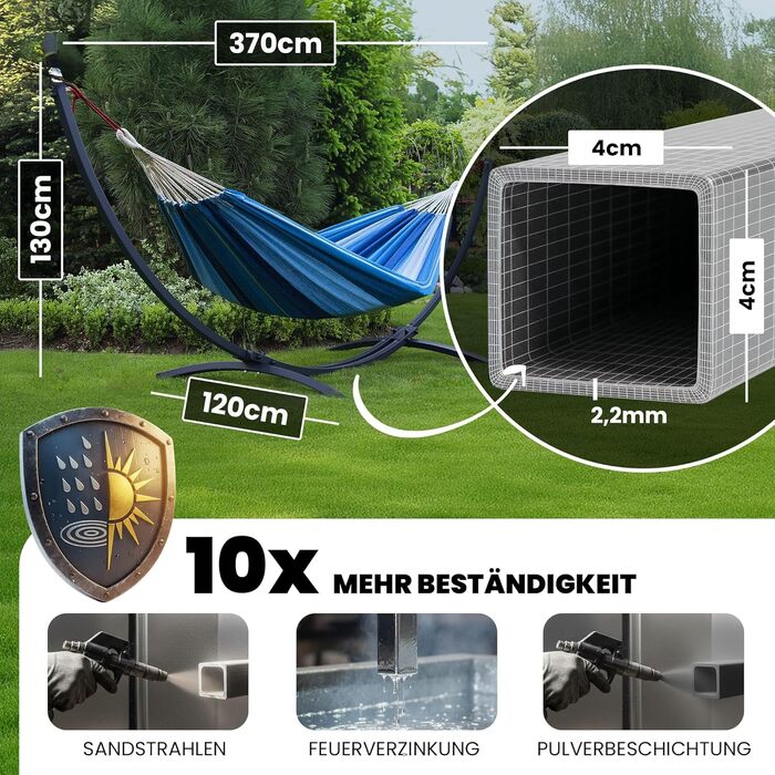 Гамак подвійний Potenza Outdoor з металевим каркасом для 2 осіб, бавовна, 220x160 см, до 200 кг, графіт