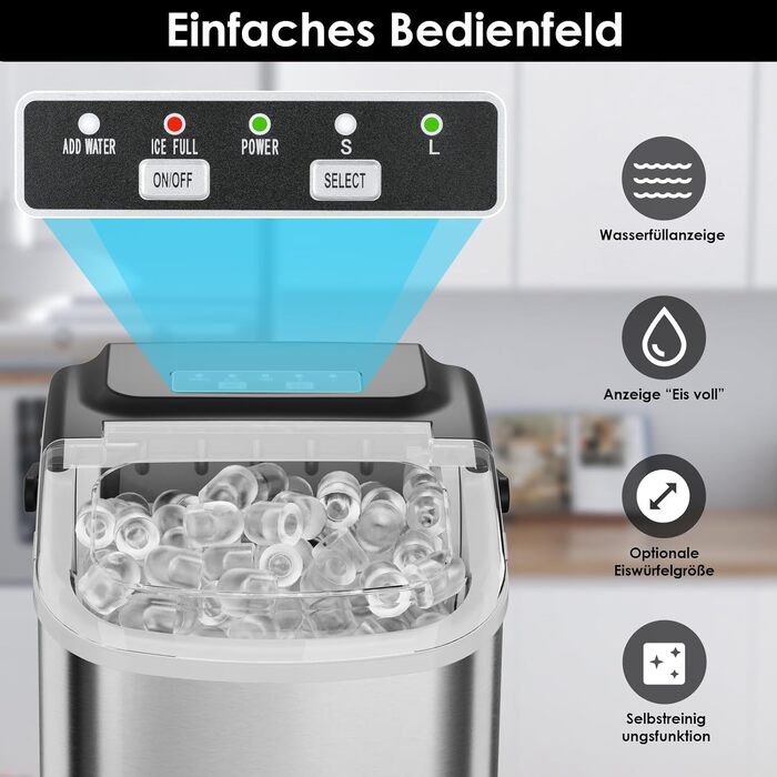 Льодогенератор побутовий Eiswürfelmaschine 12 кг/24год, 2 розміри льоду, нержавіюча сталь, самоочищення, для кухні, офісу, бару, вечірок