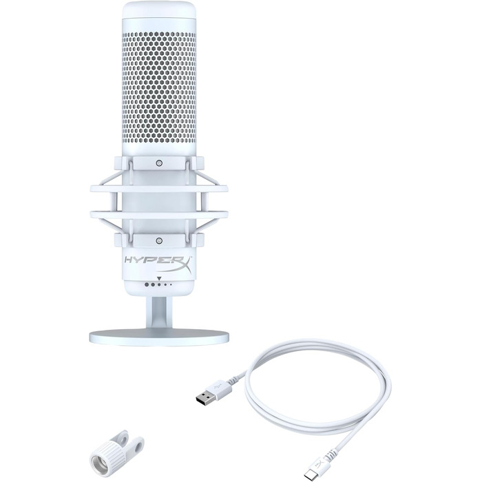 HyperX QuadCast S білий – USB конденсаторний мікрофон з RGB-підсвіткою для ПК, PS5, Mac, підвісом, 4 направленостями, поп-фільтром і регулятором чутливості, для геймінгу, стрімінгу, подкастів, Discord, Twitch