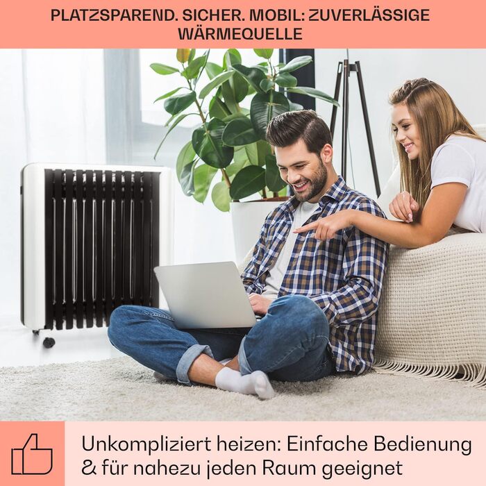 Електричний масляний радіатор Klarstein Thermaxx 2500 - опалення 2500 Вт, термостат 5-35°C, LED-дисплей, таймер, легкий, з роликами, білий/чорний