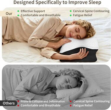Ортопедична подушка для шиї з Memory Foam, ергономічна для сну на боці, спині та животі, 61.7x37x13/13.6 см, чорна