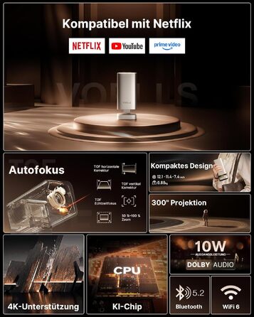 Smart проектор 4K VOPLLS Heimkino: Netflix, 30000 люмен, WiFi 6, Bluetooth, FHD 1080P, Автофокус, Корекція трапеції, Золотий