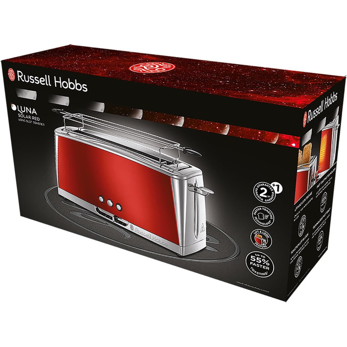 Тостер Russell Hobbs Luna Edelstahl Red для 2 скибок хліба з широким прорізом, з підставкою для булочок, 6 режимів підсмажування, розморожування та підігрів - 23250-56