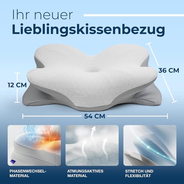 Ергономічна подушка для шиї та голови Derila з ефектом пам'яті (Memory Foam) для сну на боці, спині та животі, терморегуляційний чохол, 54x36x12 см