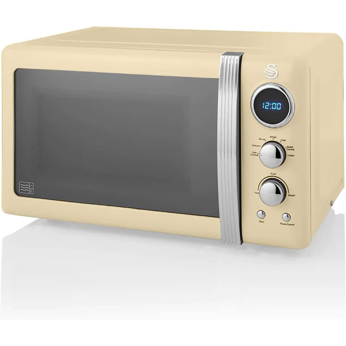 Мікрохвильова піч Swan Retro SM22030CNEU 20 л, 800 Вт, 5 режимів, розморожування, таймер 60 хв, вінтажний дизайн, кремова, дзеркальні дверцята
